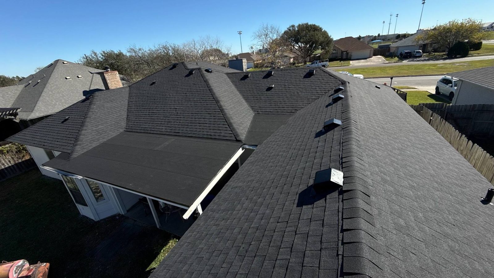New shingle roof installation, aerial view